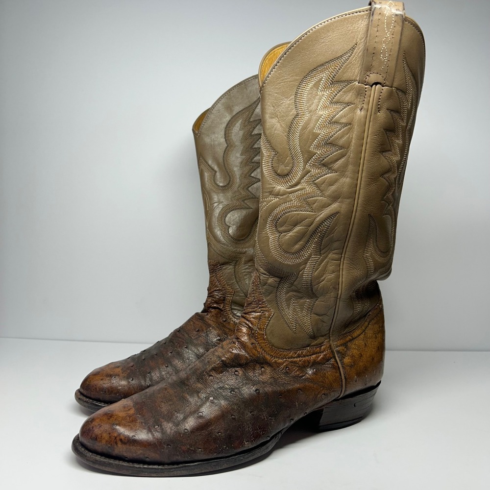 Tony Lama Ostrich Full Quill Western Boots Brown Mens 7.5 EE Vintage 88224 USA